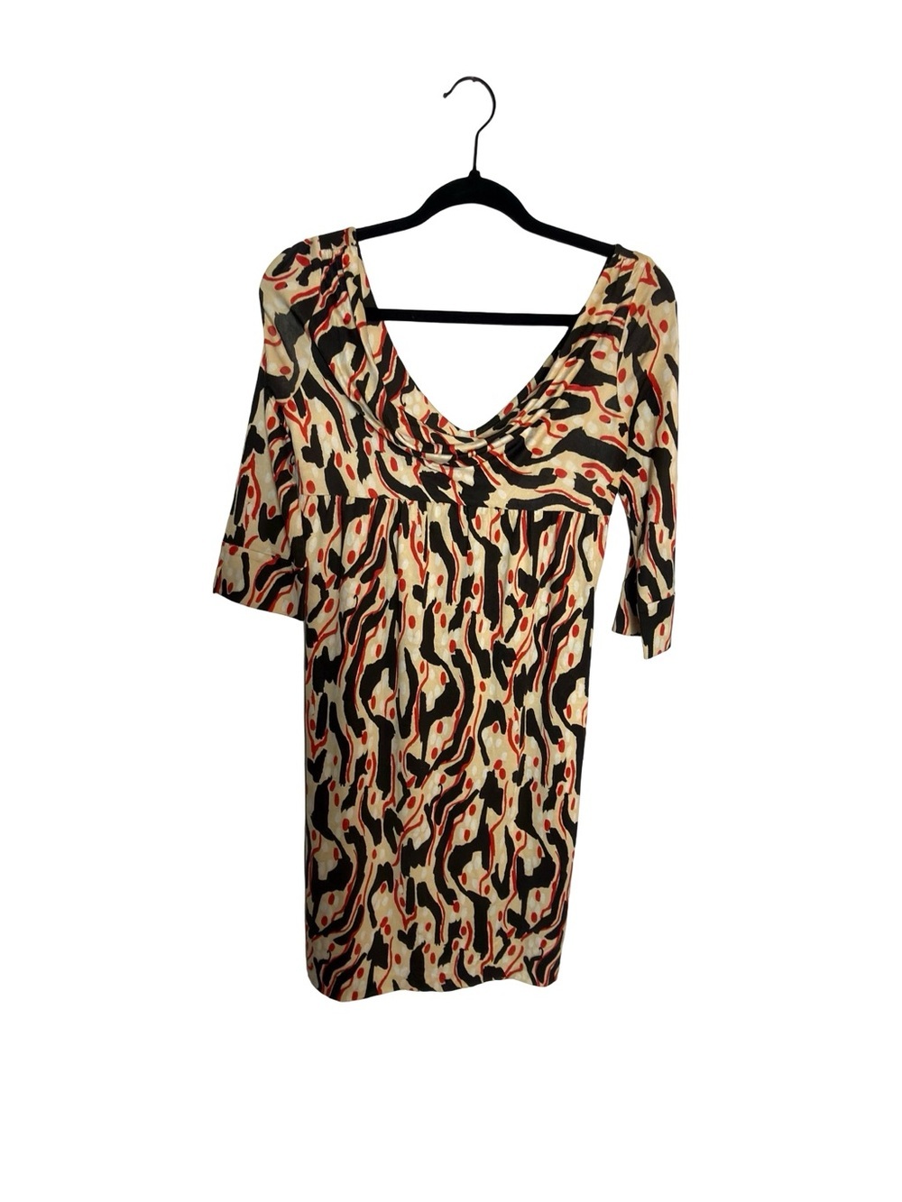 Diane Von Furstenberg Beige, Black and Red Abstract Midi Dress